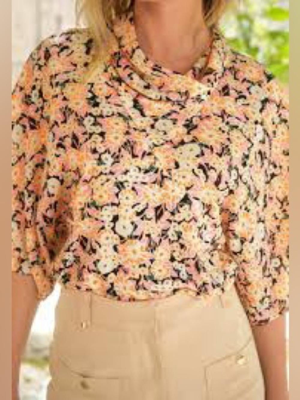 Wayf Peach Floral Short Sleeve Cowl Neck Blouse